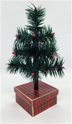 9" Miniature Feather Tree - Hunter Green Stiff Feathers - 3 Rows - Tartan Box - Berries