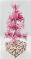 9" Miniature Feather Tree - Pastel Pink Stiff Feathers - 3 Rows - Paper Mache Box - Berries