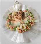 Spun Glass Ornament - Cherubs in Floral Wreath Scrap - Dresdens by Dennis Bauer