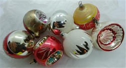 Vintage Glass Ornaments - Balls - Reflectors - Snow Caps set of 7